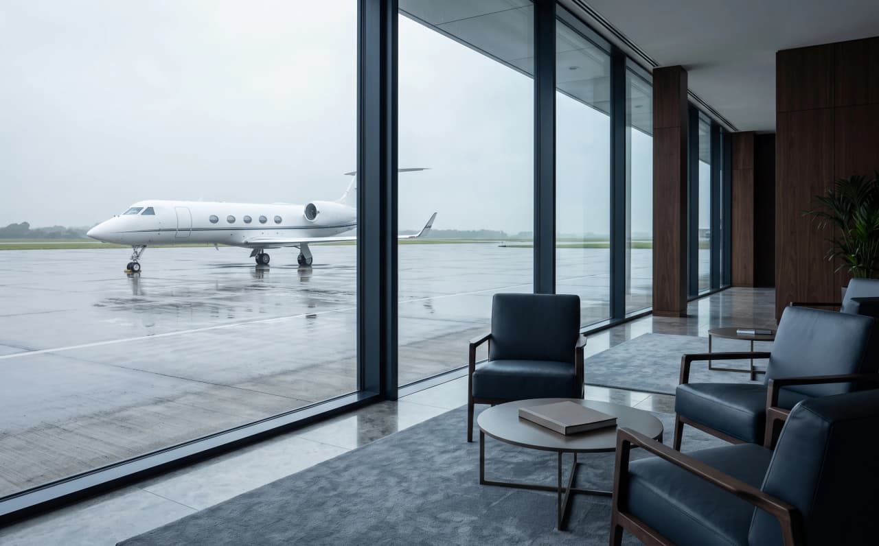 Illustrative executive airport lounge overlooking an aircraft on a rain-wet apron in Brazil