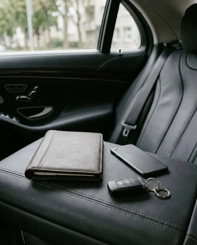 Illustrative leather travel folio, face-down phone, and car key prepared for itinerary review