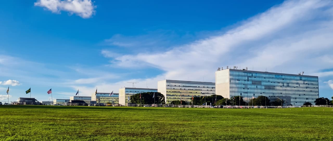 Wide modernist avenue and formal urban axis in Brasília in daylight