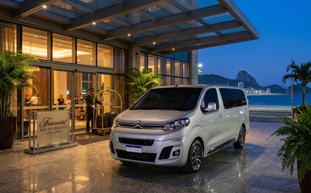 Illustrative silver Citroën Jumpy at a composed hotel arrival setting in Rio de Janeiro
