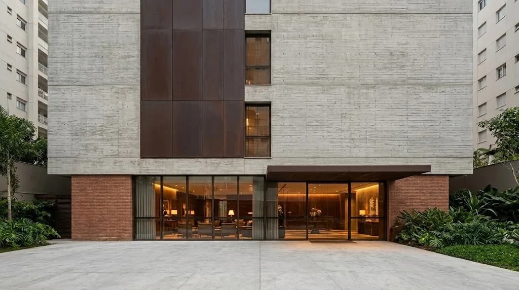 Illustrative hotel and venue entrance façade in São Paulo